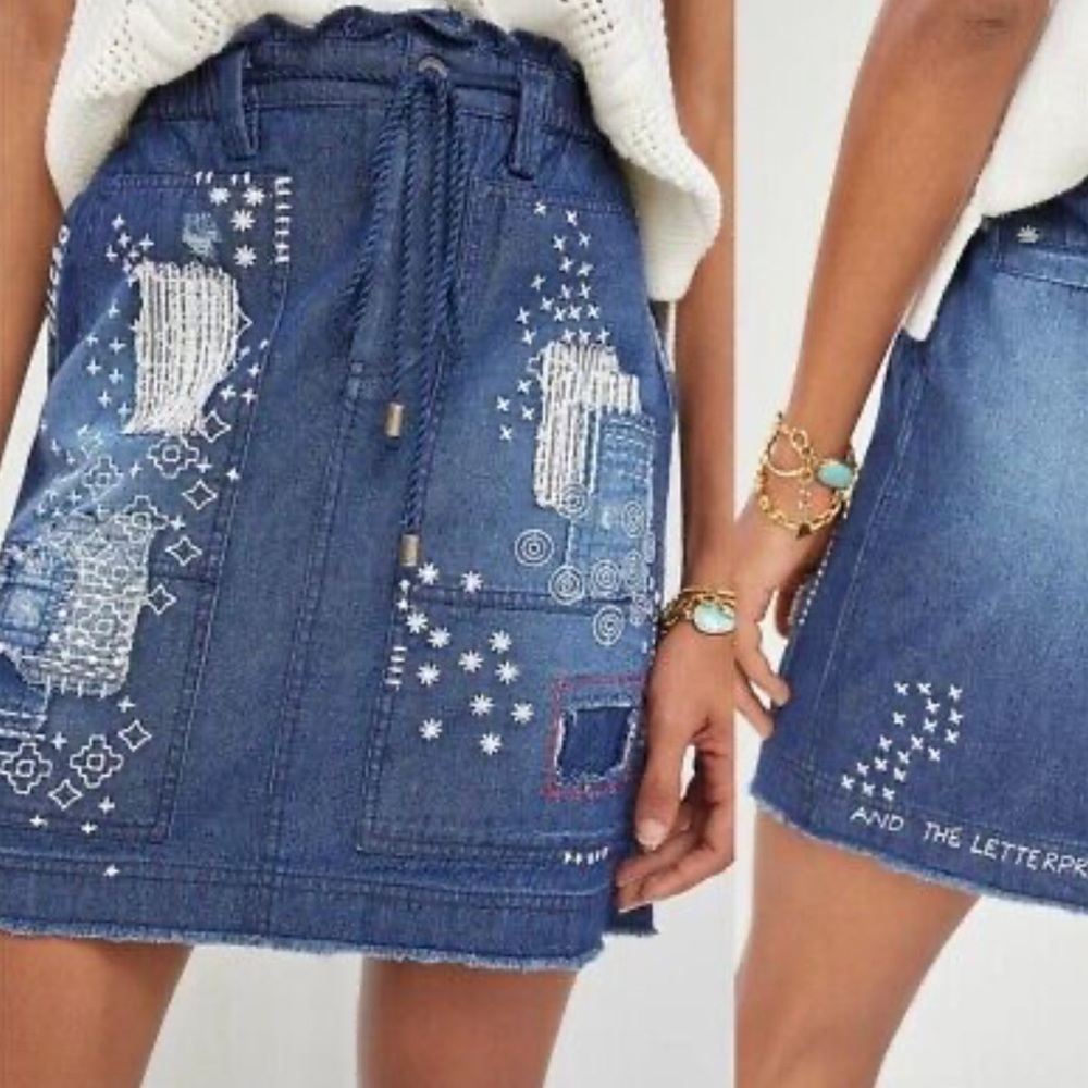 Pilcro and the Letterpress Patchwork Jean Skirt Denim Elastic NWOT